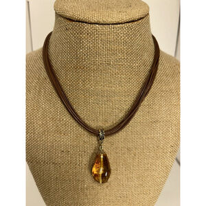 Lia Sophia Multi Strand Cord Amber Colored Glass Pendant Necklace 16 - 19 Inch